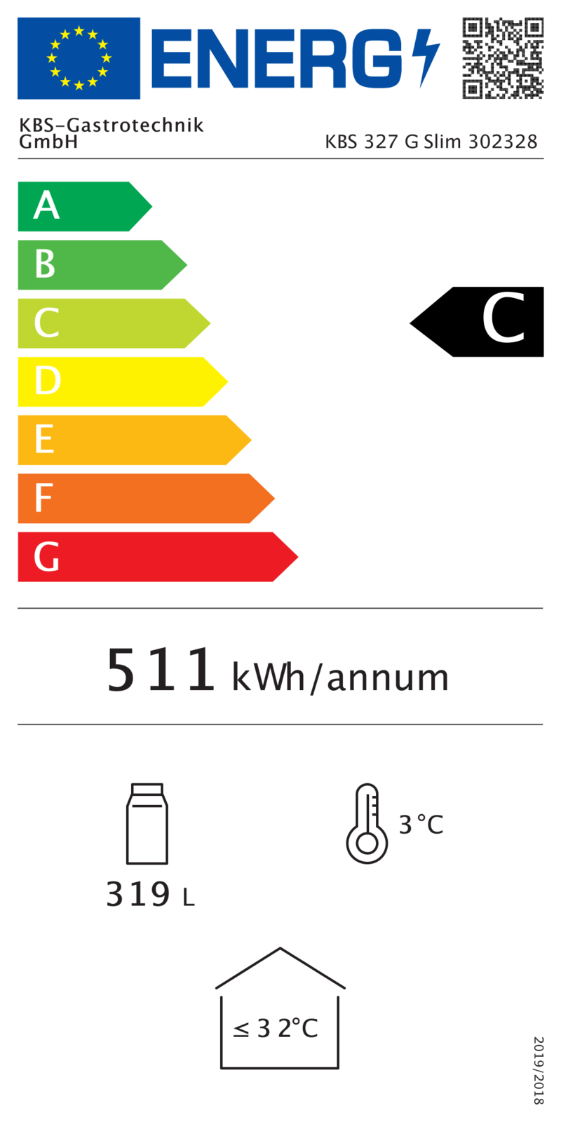 302328 EU-Energielabel mit Piktogrammen für Kühlgerät, Effizienzklasse, Verbrauchswerten, Herstellerkennung und grafischer Skala