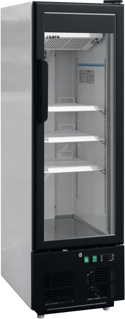 Saro Tiefkühlschrank EK 199 mit Glastür, schwarzes Gehäuse, drei Kunststoffböden, Kühleinheit unten sichtbar