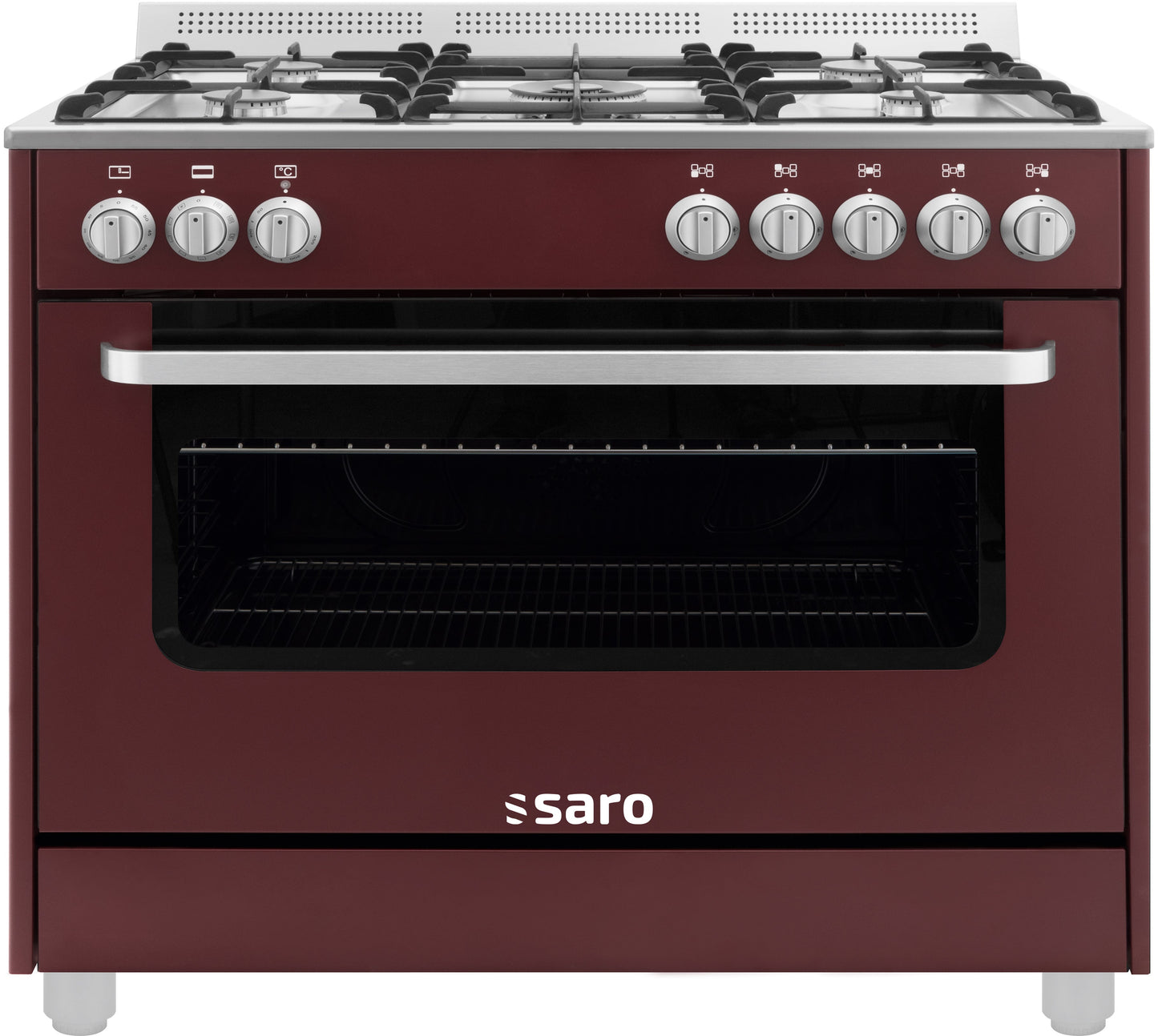 Burgunderfarbener Semiprofessioneller Gasherd Saro TS95C71X mit acht Kochfeldern und Backofen