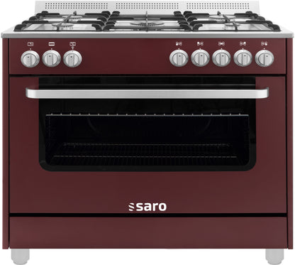 Burgunderfarbener Semiprofessioneller Gasherd Saro TS95C71X mit acht Kochfeldern und Backofen
