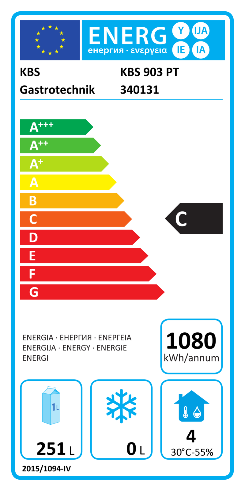340131 EU-Energielabel mit Piktogrammen für Kühlgerät, Effizienzklasse, Verbrauchswerten, Herstellerkennung und grafischer Skala