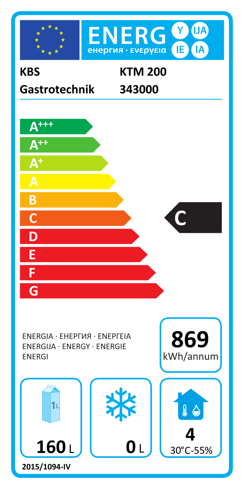 343000 EU-Energielabel mit Piktogrammen für Kühlgerät, Effizienzklasse, Verbrauchswerten, Herstellerkennung und grafischer Skala