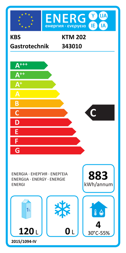 343010 EU-Energielabel mit Piktogrammen für Kühlgerät, Effizienzklasse, Verbrauchswerten, Herstellerkennung und grafischer Skala