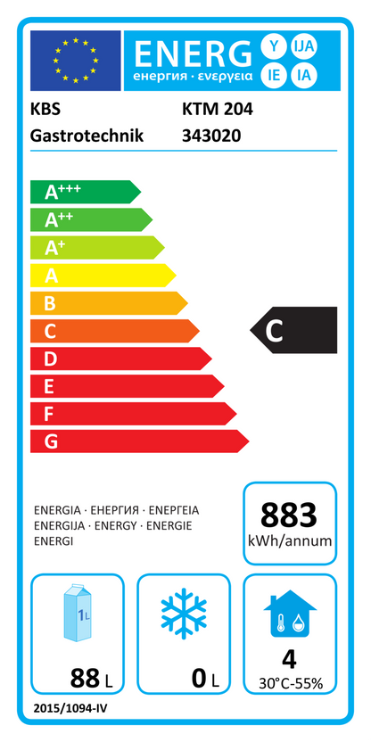 343020 EU-Energielabel mit Piktogrammen für Kühlgerät, Effizienzklasse, Verbrauchswerten, Herstellerkennung und grafischer Skala