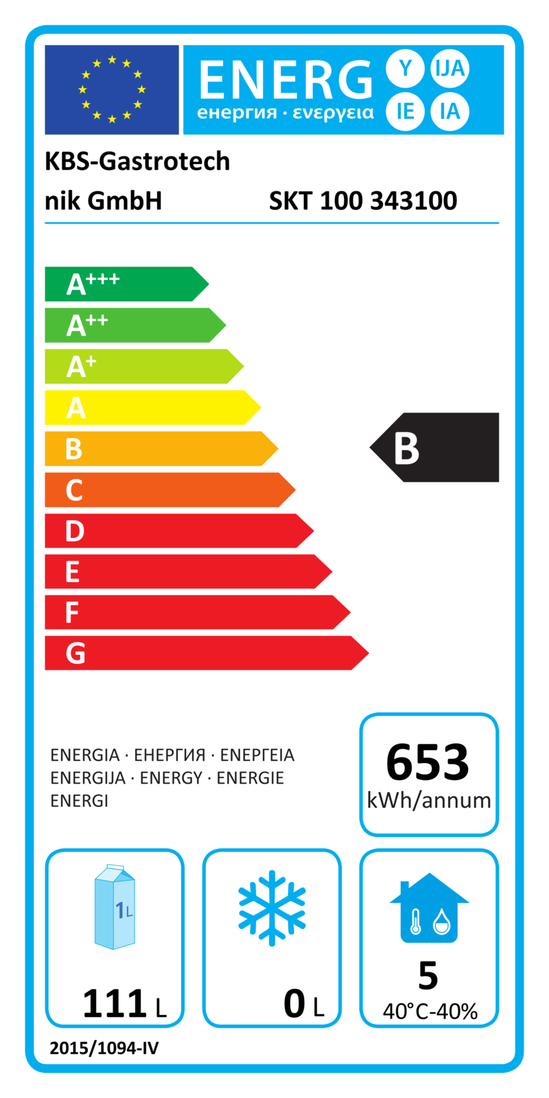 343100 EU-Energielabel mit Piktogrammen für Kühlgerät, Effizienzklasse, Verbrauchswerten, Herstellerkennung und grafischer Skala