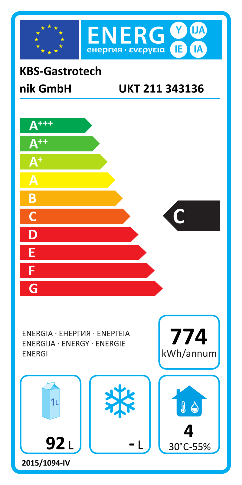 343136 EU-Energielabel mit Piktogrammen für Kühlgerät, Effizienzklasse, Verbrauchswerten, Herstellerkennung und grafischer Skala