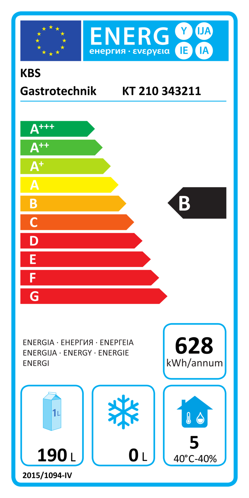 343211 EU-Energielabel mit Piktogrammen für Kühlgerät, Effizienzklasse, Verbrauchswerten, Herstellerkennung und grafischer Skala