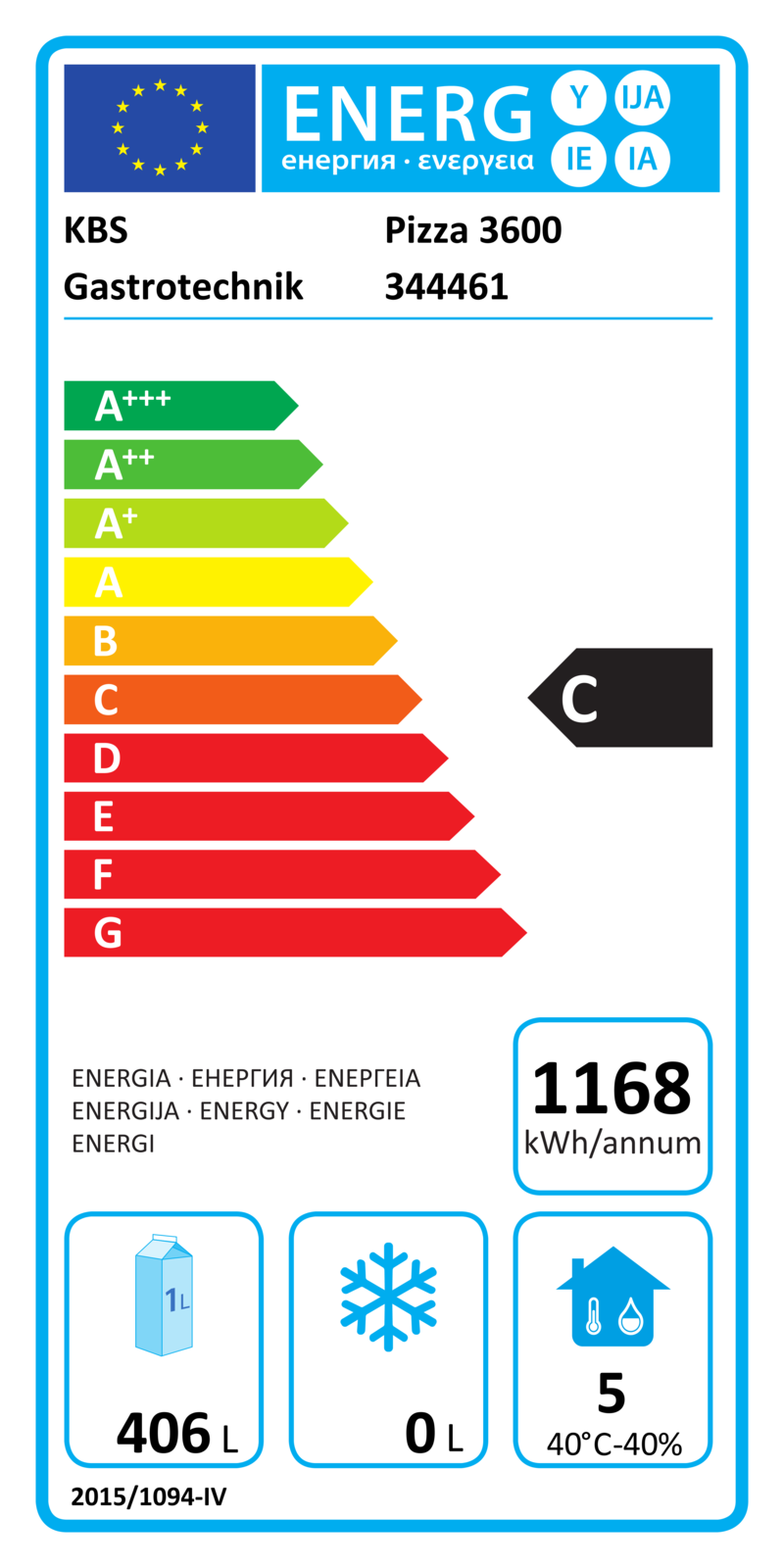 344461 EU-Energielabel mit Piktogrammen für Kühlgerät, Effizienzklasse, Verbrauchswerten, Herstellerkennung und grafischer Skala