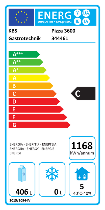 344461 EU-Energielabel mit Piktogrammen für Kühlgerät, Effizienzklasse, Verbrauchswerten, Herstellerkennung und grafischer Skala
