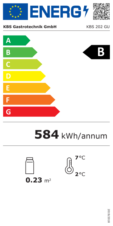 347208 EU-Energielabel mit Piktogrammen für Kühlgerät, Effizienzklasse, Verbrauchswerten, Herstellerkennung und grafischer Skala