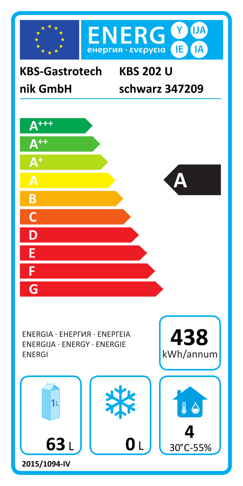 347209 EU-Energielabel mit Piktogrammen für Kühlgerät, Effizienzklasse, Verbrauchswerten, Herstellerkennung und grafischer Skala