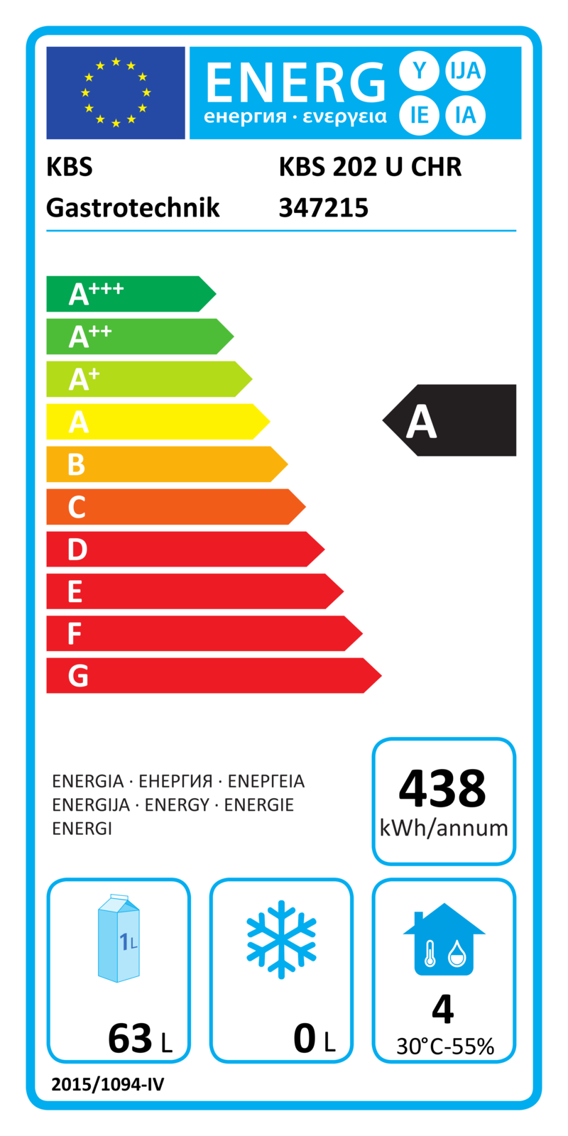 347215 EU-Energielabel mit Piktogrammen für Kühlgerät, Effizienzklasse, Verbrauchswerten, Herstellerkennung und grafischer Skala