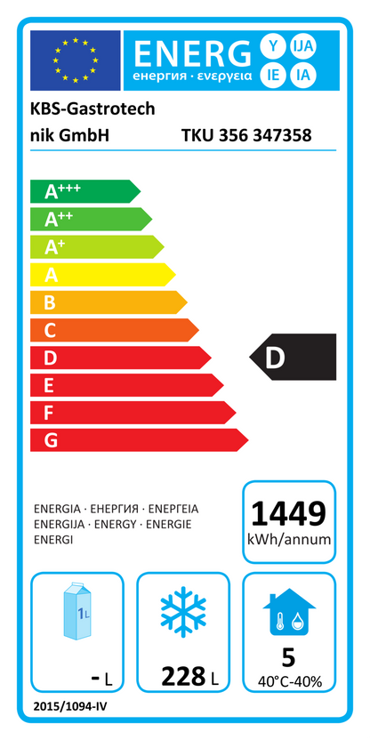 347358 EU-Energielabel mit Piktogrammen für Kühlgerät, Effizienzklasse, Verbrauchswerten, Herstellerkennung und grafischer Skala