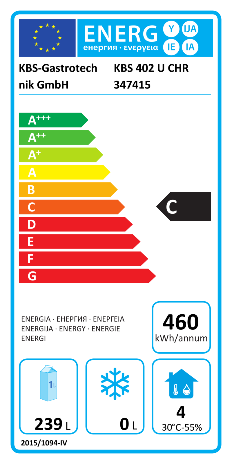 347415 EU-Energielabel mit Piktogrammen für Kühlgerät, Effizienzklasse, Verbrauchswerten, Herstellerkennung und grafischer Skala