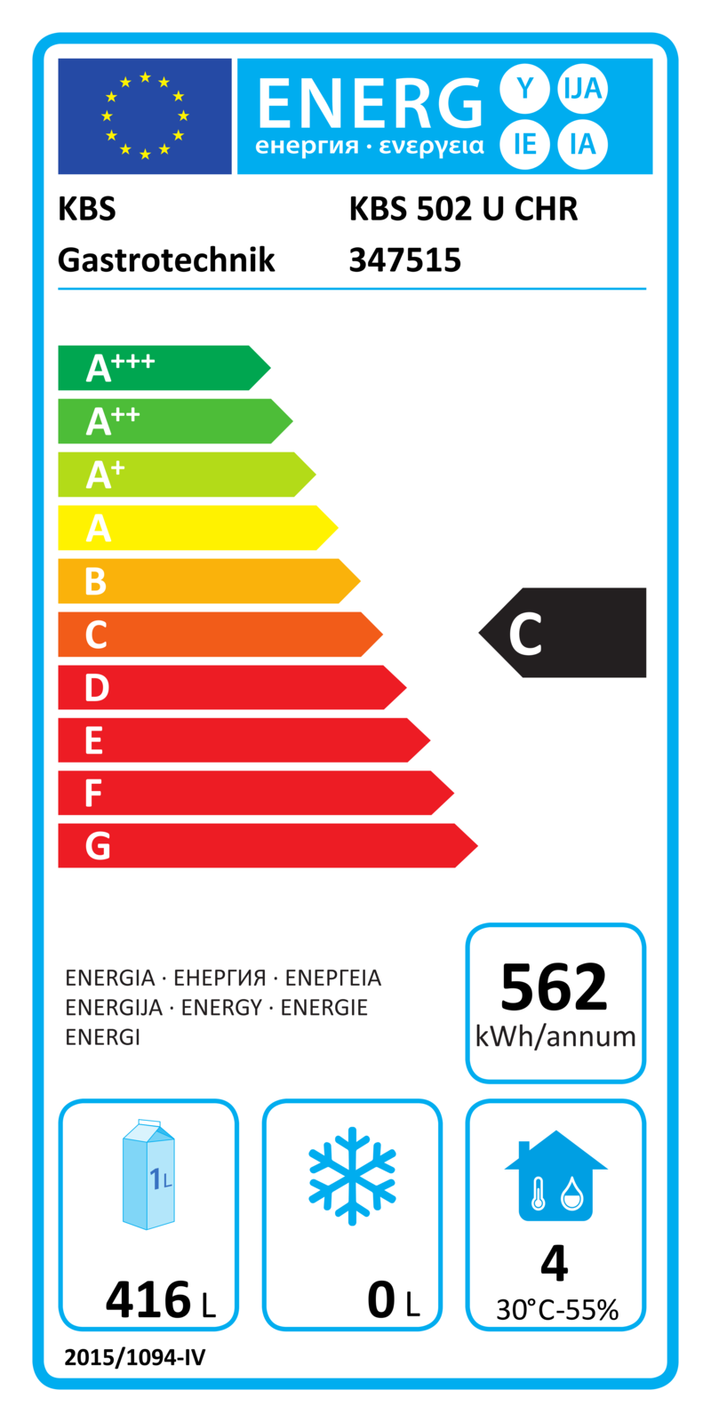 347515 EU-Energielabel mit Piktogrammen für Kühlgerät, Effizienzklasse, Verbrauchswerten, Herstellerkennung und grafischer Skala