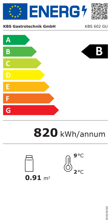 347608 EU-Energielabel mit Piktogrammen für Kühlgerät, Effizienzklasse, Verbrauchswerten, Herstellerkennung und grafischer Skala