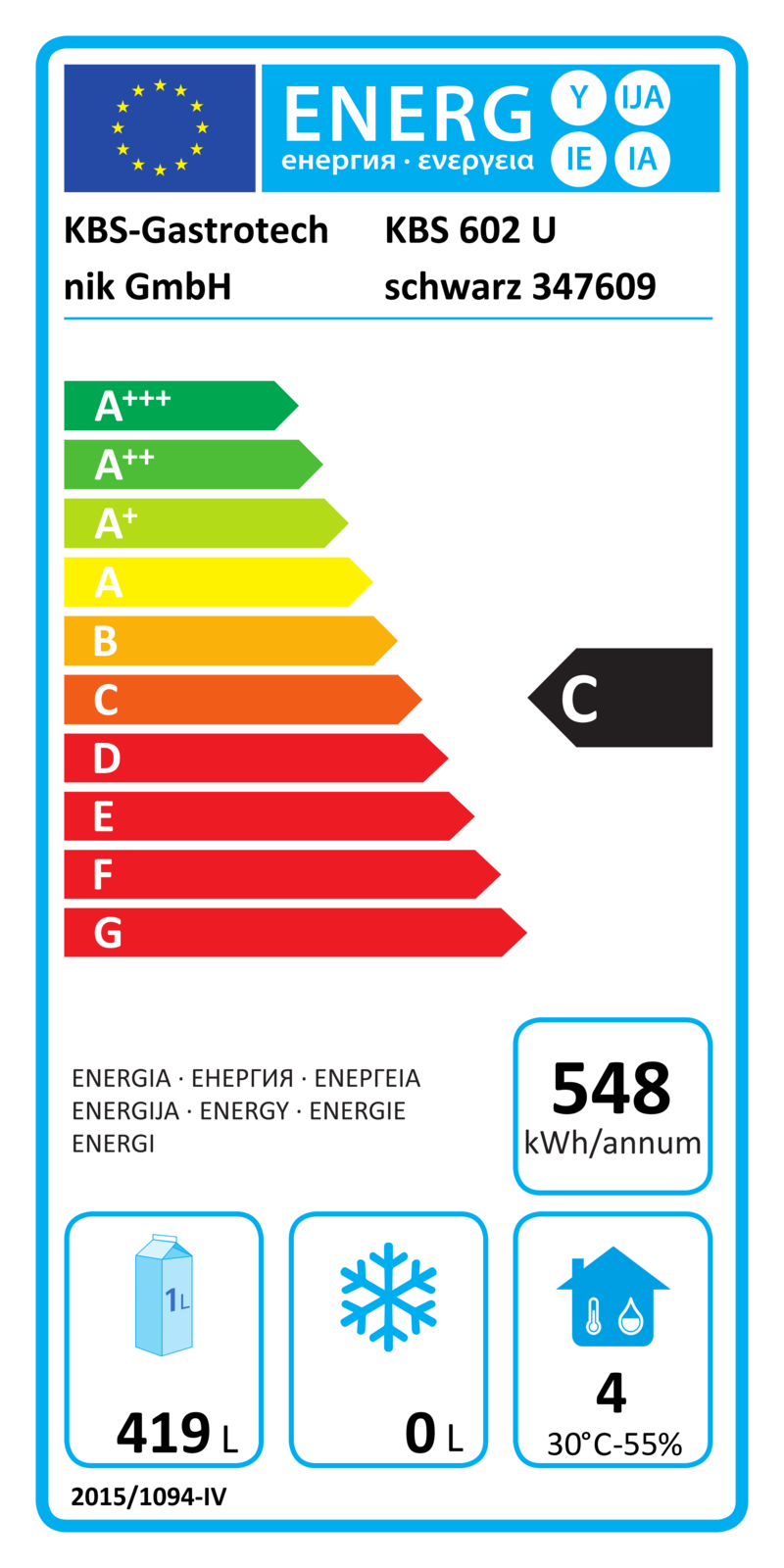 347609 EU-Energielabel mit Piktogrammen für Kühlgerät, Effizienzklasse, Verbrauchswerten, Herstellerkennung und grafischer Skala