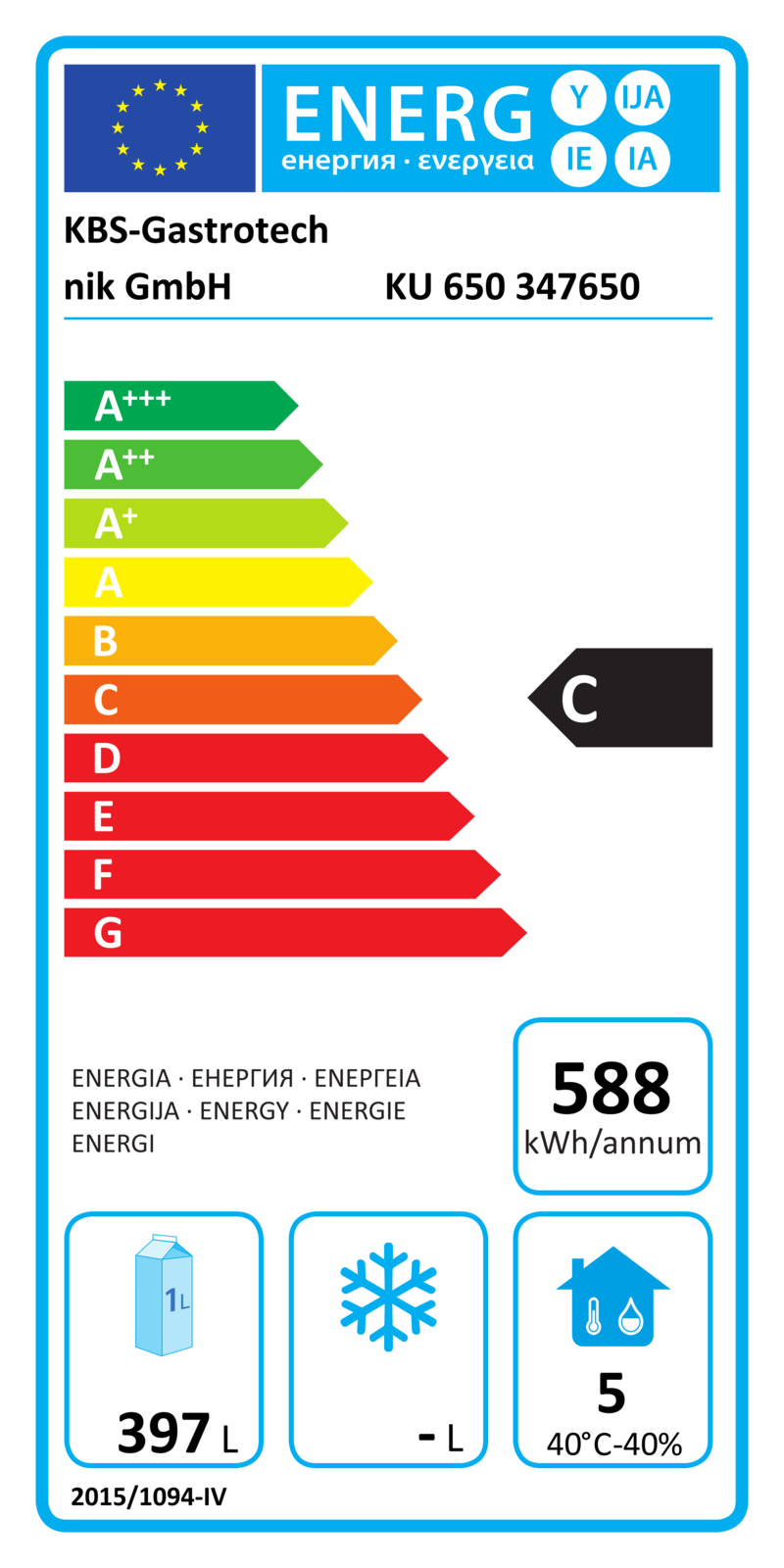 347650 EU-Energielabel mit Piktogrammen für Kühlgerät, Effizienzklasse, Verbrauchswerten, Herstellerkennung und grafischer Skala