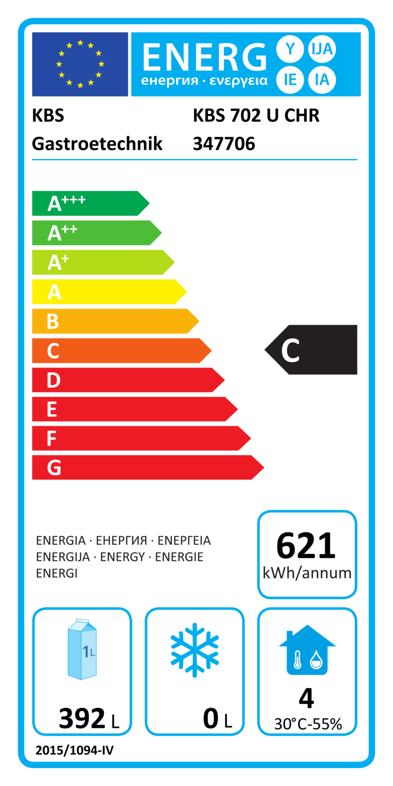 347706 EU-Energielabel mit Piktogrammen für Kühlgerät, Effizienzklasse, Verbrauchswerten, Herstellerkennung und grafischer Skala