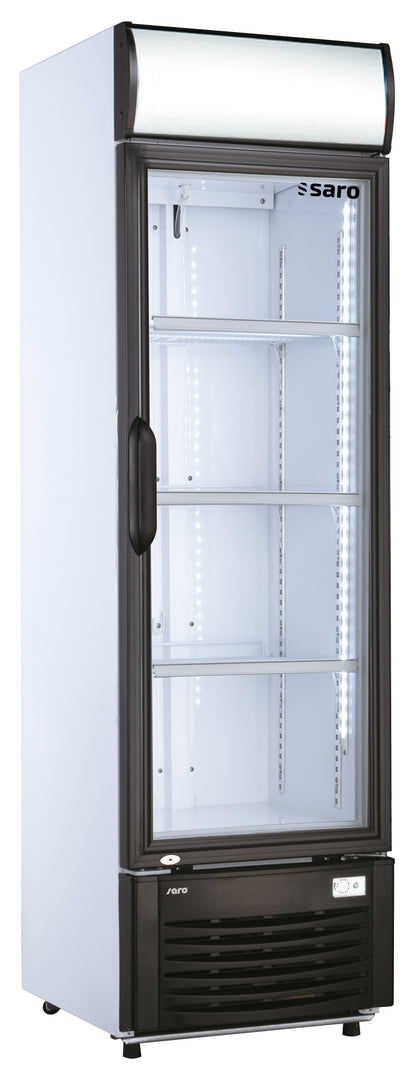 Saro Getränkekühlschrank GTK 282 M mit Glastür, schwarzem Rahmen und LED-Werbetafel oben, vier Kühlregale, Frontalansicht