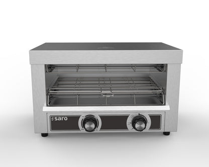 Saro ALAVA Quarzröhren-Toaster Salamander silber mit zwei Regelknöpfen Frontansicht