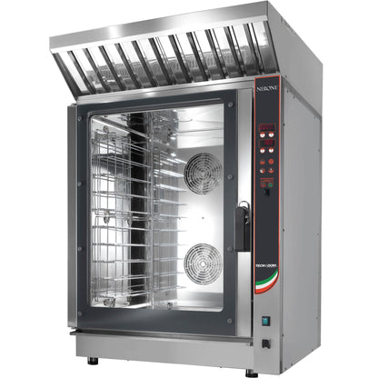 Nerone Kombidämpfer CL 10 aus Edelstahl mit Glastür, digitaler Steuerung und integrierter Dunstabzugshaube