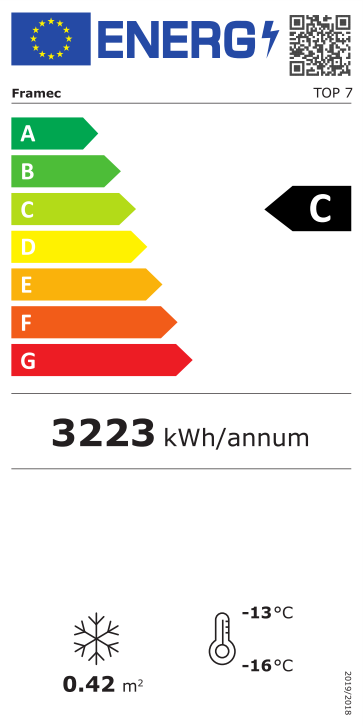 462119 EU-Energielabel mit Piktogrammen für Kühlgerät, Effizienzklasse, Verbrauchswerten, Herstellerkennung und grafischer Skala