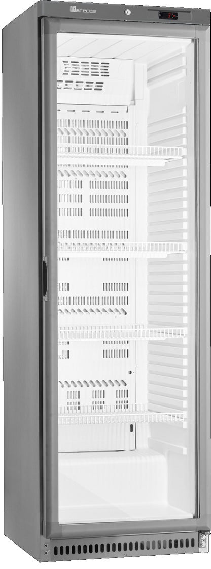 Saro ARV 430 CS A PV Glastürkühlschrank in Grau mit weißem Innenraum und mehreren Gitterböden