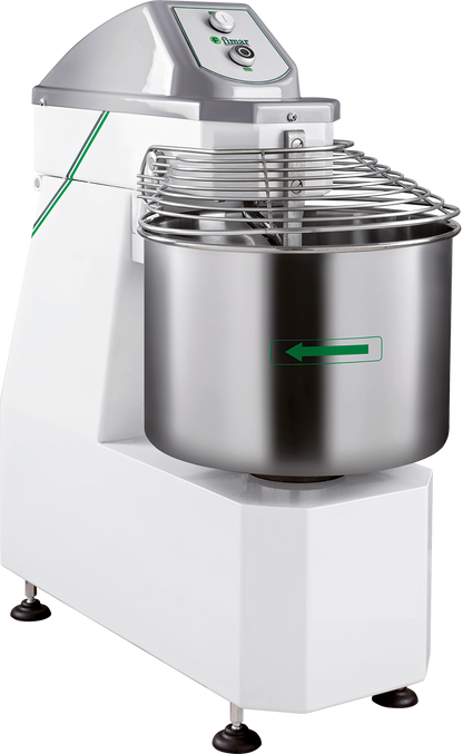 Teigknetmaschine K12 mit Edelstahlkessel, Spiralrührwerk und grauem Motorgehäuse, Frontalansicht