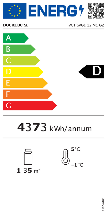 50131 EU-Energielabel mit Piktogrammen für Kühlgerät, Effizienzklasse, Verbrauchswerten, Herstellerkennung und grafischer Skala
