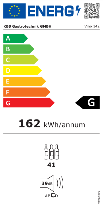529142 EU-Energielabel mit Piktogrammen für Kühlgerät, Effizienzklasse, Verbrauchswerten, Herstellerkennung und grafischer Skala