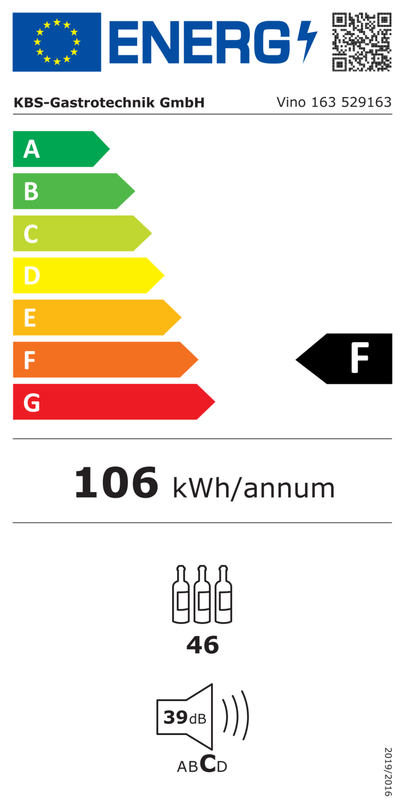 529163 EU-Energielabel mit Piktogrammen für Kühlgerät, Effizienzklasse, Verbrauchswerten, Herstellerkennung und grafischer Skala