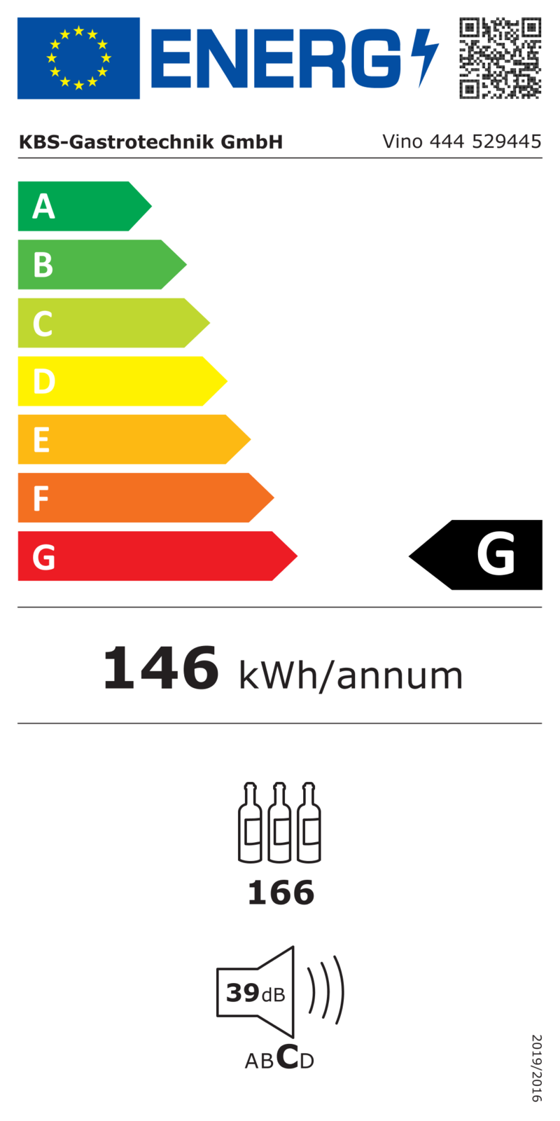 529445 EU-Energielabel mit Piktogrammen für Kühlgerät, Effizienzklasse, Verbrauchswerten, Herstellerkennung und grafischer Skala