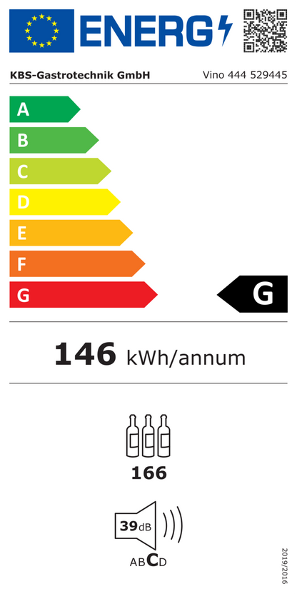 529445 EU-Energielabel mit Piktogrammen für Kühlgerät, Effizienzklasse, Verbrauchswerten, Herstellerkennung und grafischer Skala