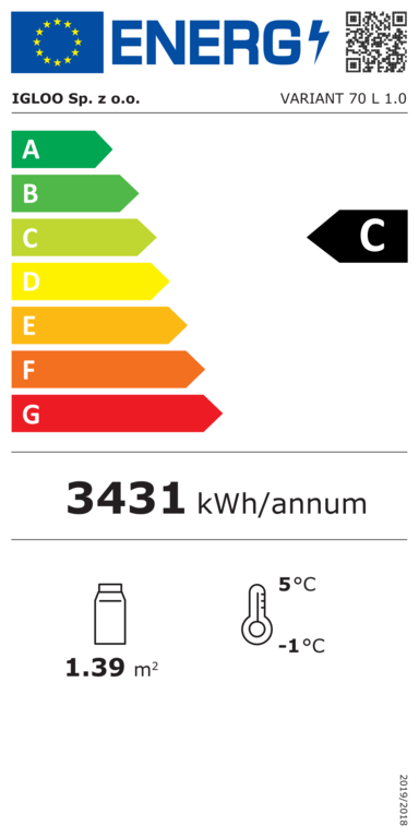 531109 EU-Energielabel mit Piktogrammen für Kühlgerät, Effizienzklasse, Verbrauchswerten, Herstellerkennung und grafischer Skala