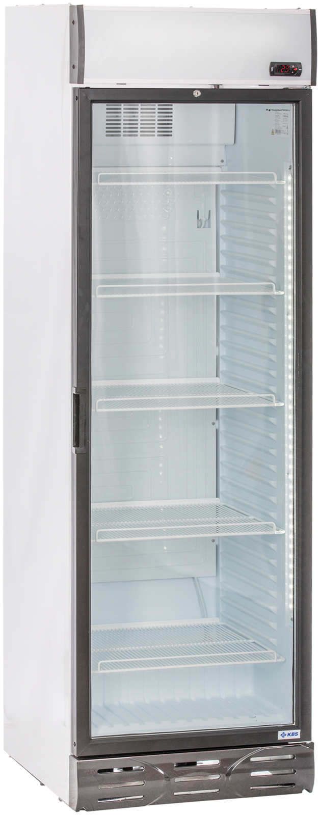 KBS Glastürkühlschrank 375 GDU Frontansicht leer mit geschlossener Glastür, weißem Gehäuse und LED-Innenbeleuchtung, geeignet zur Kühlung von Getränken und Lebensmitteln in Gastronomie und Handel.