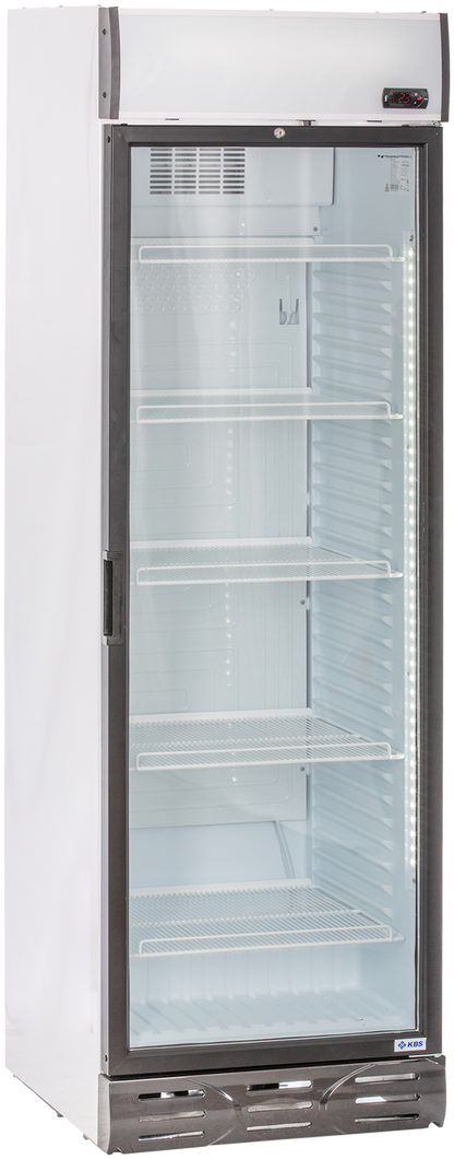 KBS Glastürkühlschrank 375 GDU Frontansicht leer mit geschlossener Glastür, weißem Gehäuse und LED-Innenbeleuchtung, geeignet zur Kühlung von Getränken und Lebensmitteln in Gastronomie und Handel.