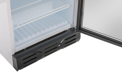 KBS Glastürkühlschrank 375 GDU unterer Bereich mit geöffneter Glastür, Blick auf leere Gitterablage und schwarze Lüftungsblende, Einsatz in Gastronomie, Pizzeria oder Bäckerei.