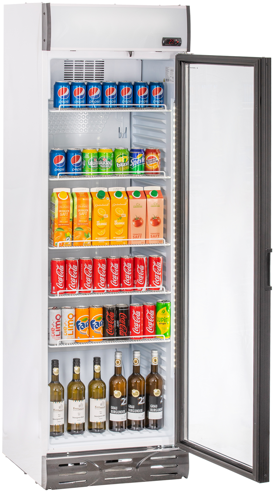 KBS Glastürkühlschrank 375 GDU Frontansicht mit geöffneter Tür, befüllt mit Getränkedosen, Saftkartons und Weinflaschen, ideal für Gastronomie, Kioske und Hotels.