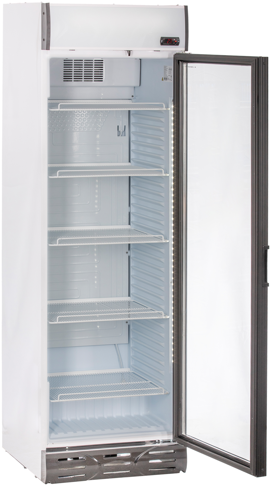 KBS Glastürkühlschrank 375 GDU Frontansicht mit geöffneter Glastür, leer, mehrere verstellbare Drahtablagen, weißes Gehäuse und LED-Innenbeleuchtung.