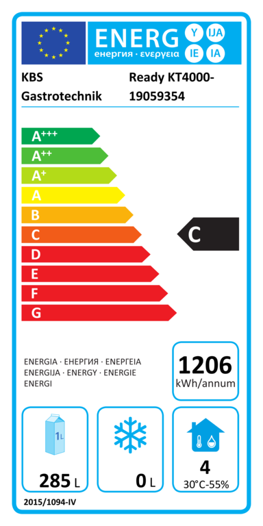 60221025 EU-Energielabel mit Piktogrammen für Kühlgerät, Effizienzklasse, Verbrauchswerten, Herstellerkennung und grafischer Skala