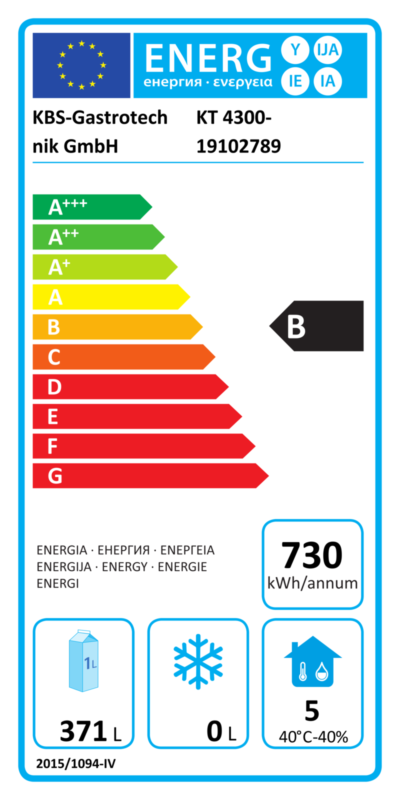 60221075 EU-Energielabel mit Piktogrammen für Kühlgerät, Effizienzklasse, Verbrauchswerten, Herstellerkennung und grafischer Skala