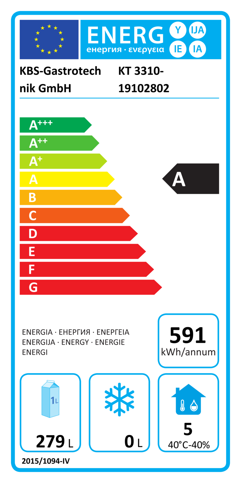 60221077 EU-Energielabel mit Piktogrammen für Kühlgerät, Effizienzklasse, Verbrauchswerten, Herstellerkennung und grafischer Skala