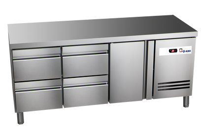 Edelstahl-Kühltisch KT3104 mit Arbeitsplatte, eine Tür und vier Schubladen, Gastrogeräte