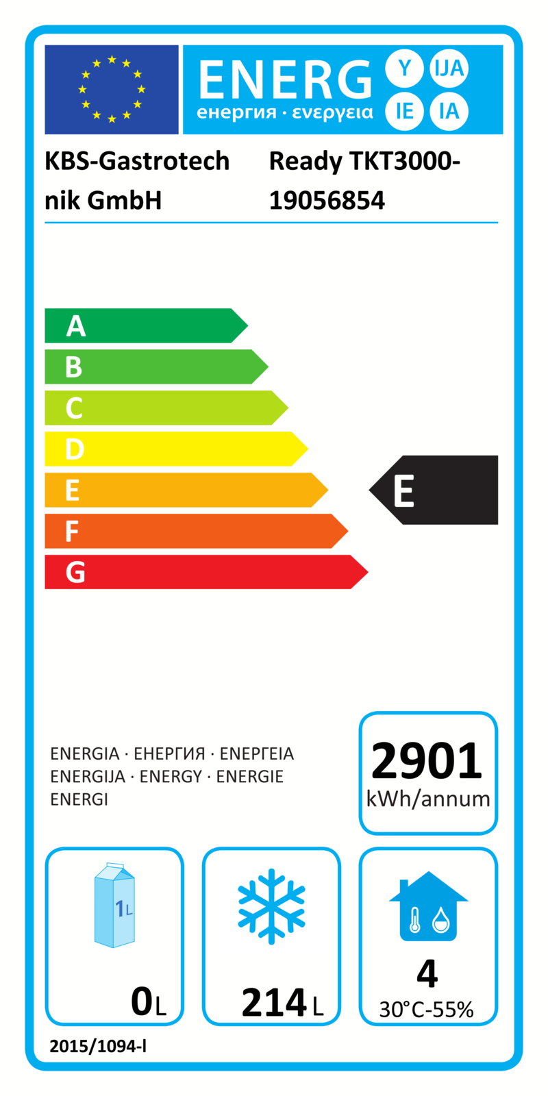 60311007 EU-Energielabel mit Piktogrammen für Kühlgerät, Effizienzklasse, Verbrauchswerten, Herstellerkennung und grafischer Skala