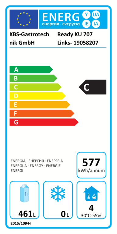 60421012 EU-Energielabel mit Piktogrammen für Kühlgerät, Effizienzklasse, Verbrauchswerten, Herstellerkennung und grafischer Skala