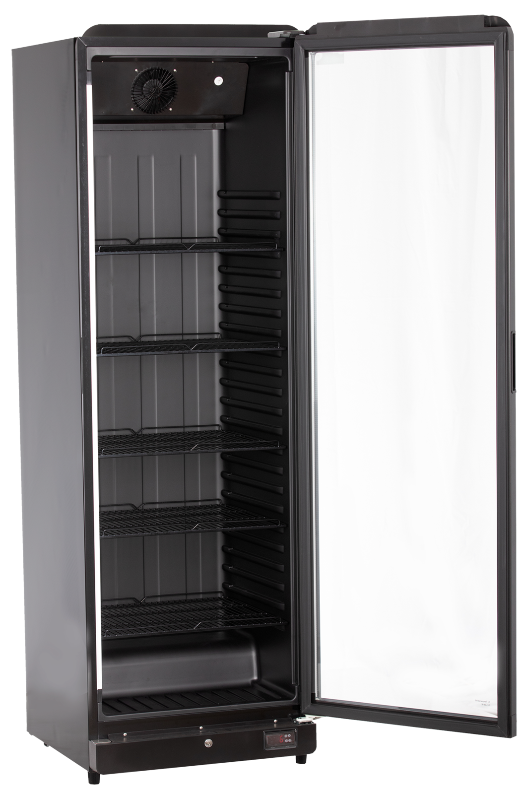 KBS Glastürkühlschrank 384 in geöffneter Frontansicht, schwarzes Gehäuse mit Glastür und mehreren schwarzen Drahtböden.