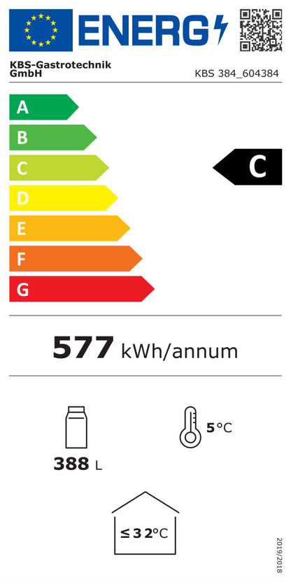 604384 EU-Energielabel mit Piktogrammen für Kühlgerät, Effizienzklasse, Verbrauchswerten, Herstellerkennung und grafischer Skala
