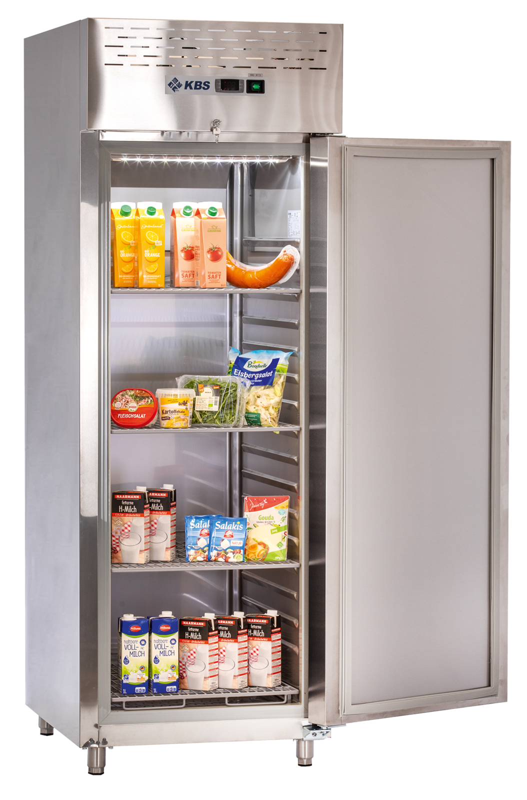 KBS Edelstahlkühlschrank KU 740 Frontansicht mit geöffneter Tür, mehrere Ablagen mit verschiedenen Lebensmitteln wie Säften, Wurst, Milchprodukten und Salaten, für Gastronomie, Großküchen und Bäckereien.
