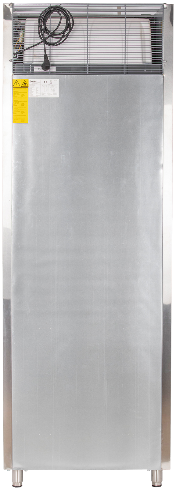KBS Edelstahlkühlschrank KU 740 Rückansicht mit Metallrückwand, Lüftungsgitter und Netzkabel, geeignet für professionelle Küchennutzung.